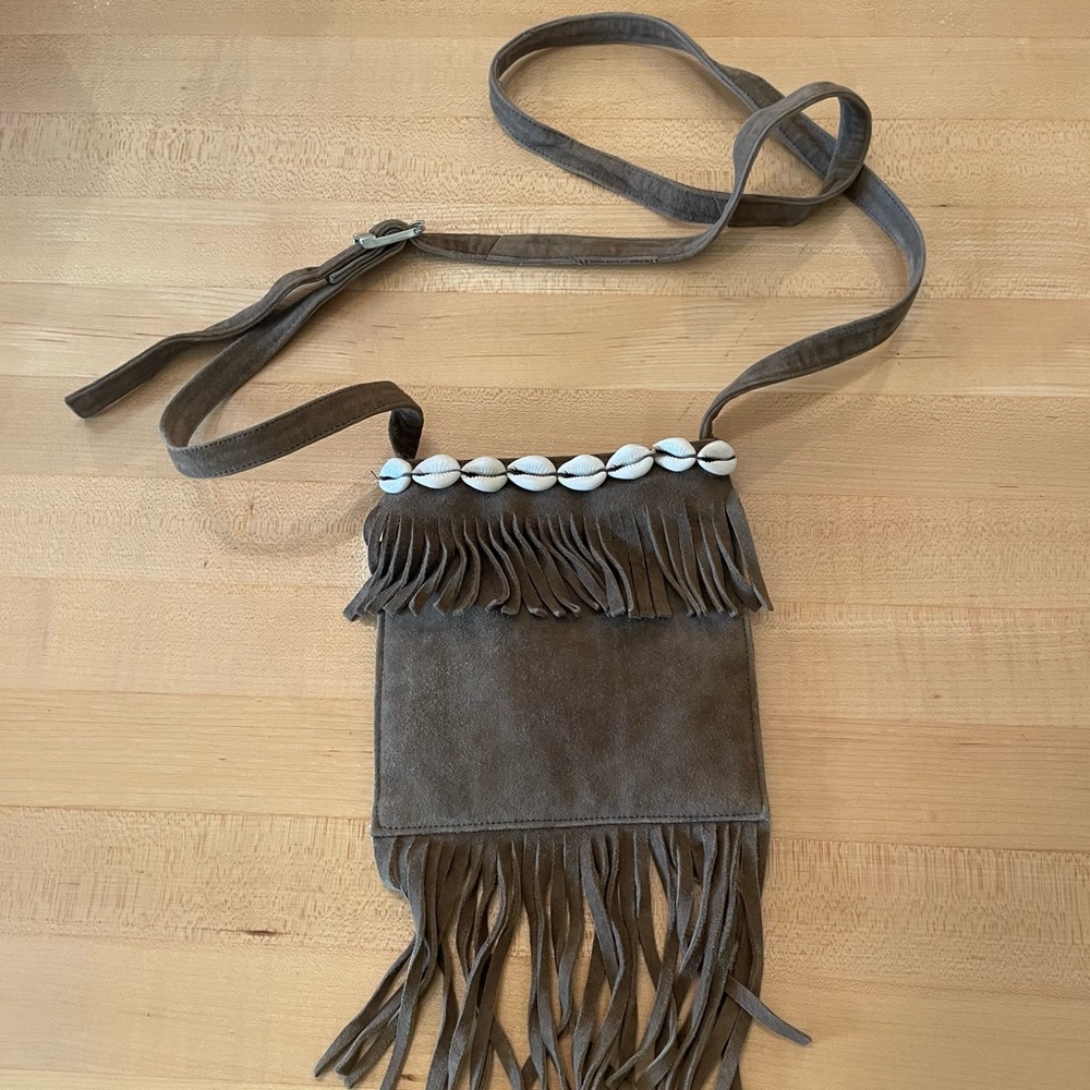 Moyna Brown Suede Leather Purse with Fringe, Small